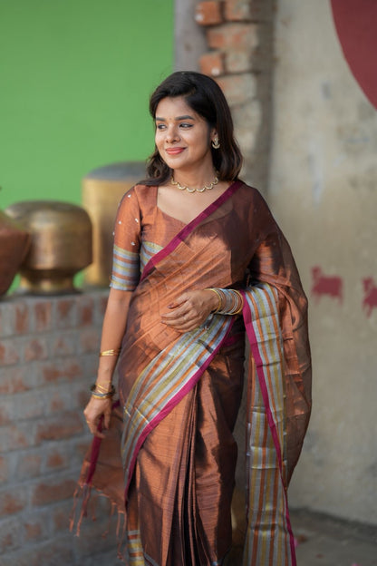 Copper soft tissue saree with handwork blouse
