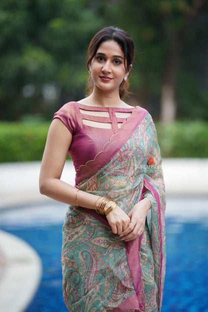 Jade green viscose jute saree with pink tissue blouse