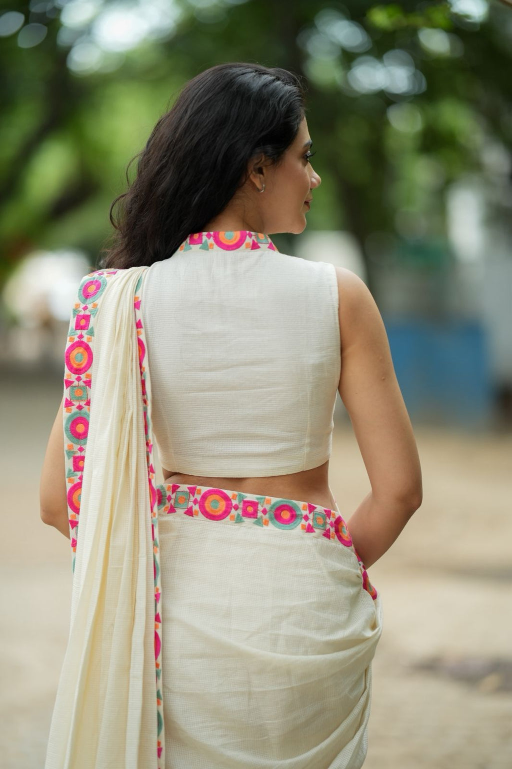 Cream cotton kota saree with embroidery work blouse