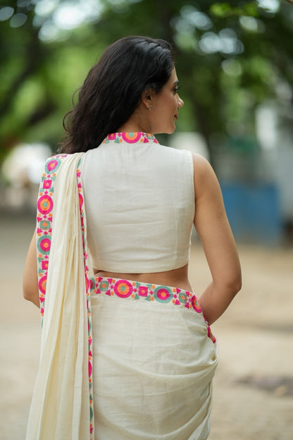 Cream cotton kota saree with embroidery work blouse