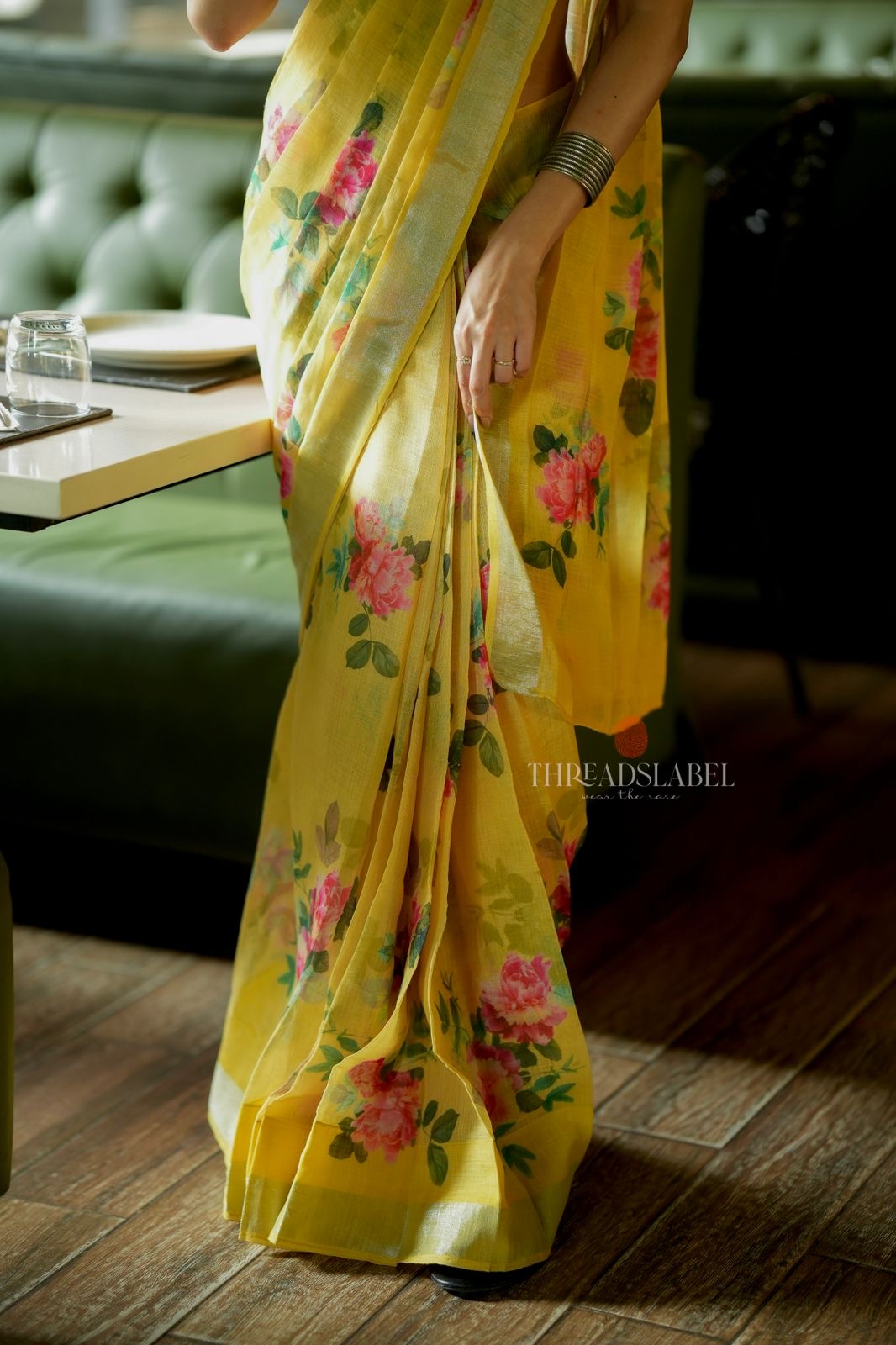 Yellow linen cotton saree with hand work blouse