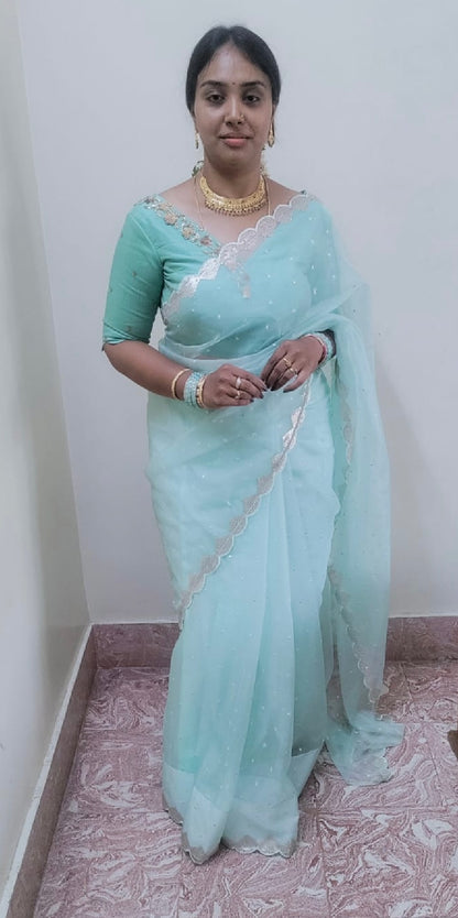 Cyan blue organza Saree with Handmade Blouse