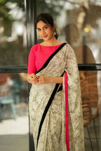Half white mul cotton kalamkari saree with handwork blouse