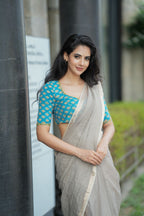 Grey pure kota saree with blue hand work blouse