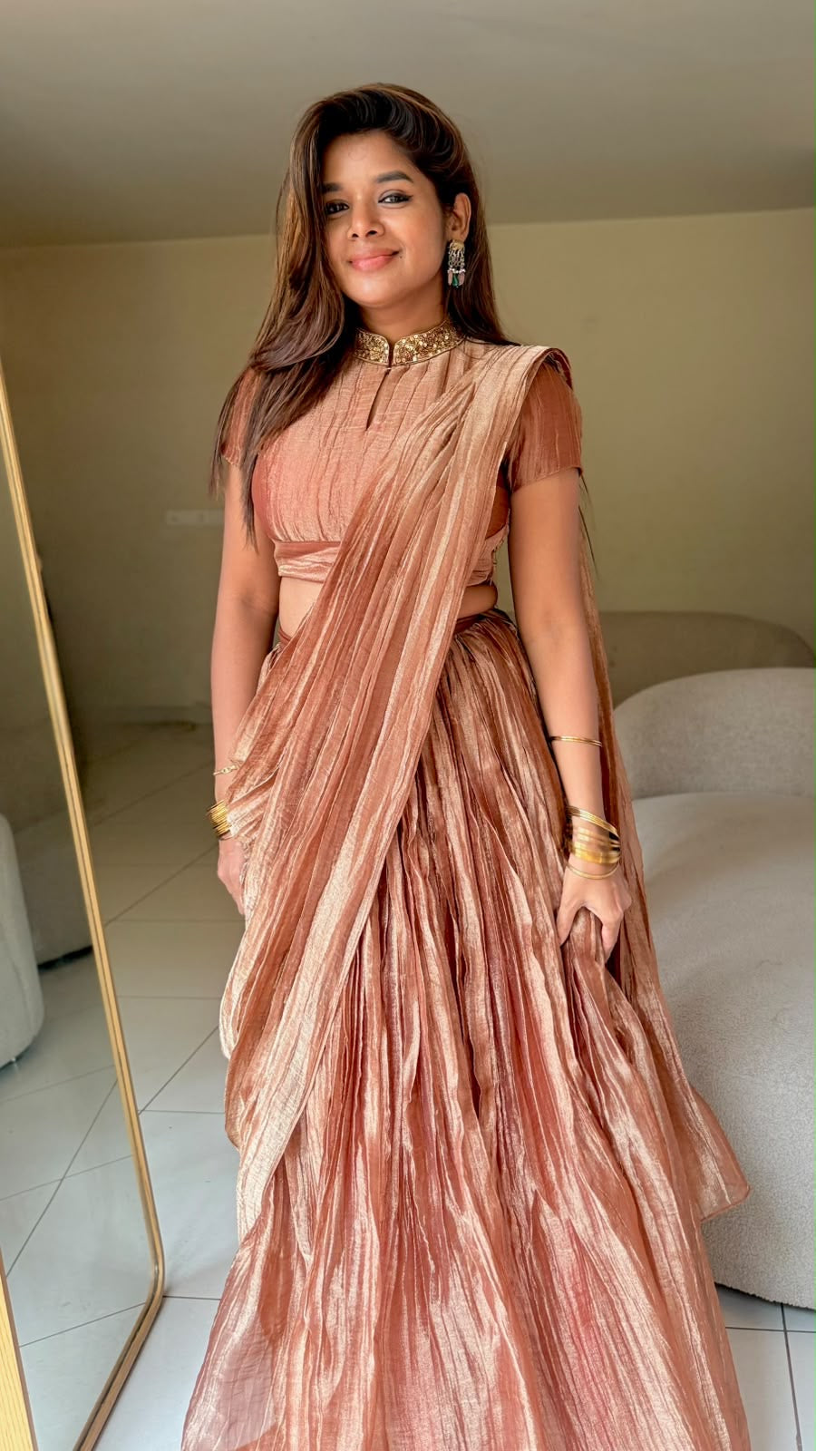Copper tissue hand work lehenga