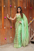 Multi Green Mul Chanderi Saree with Handwork Blouse