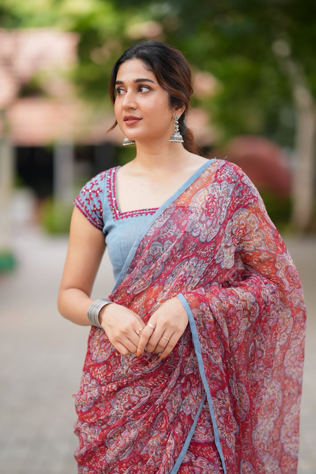 Maroon cotton kota saree with hand work blouse