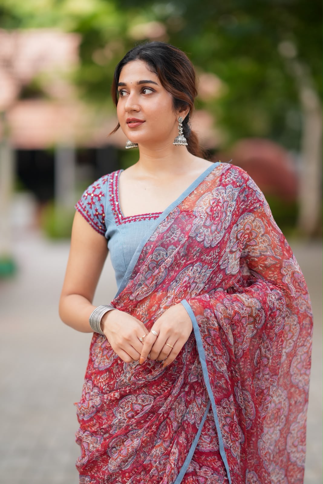 Maroon cotton kota saree with hand work blouse
