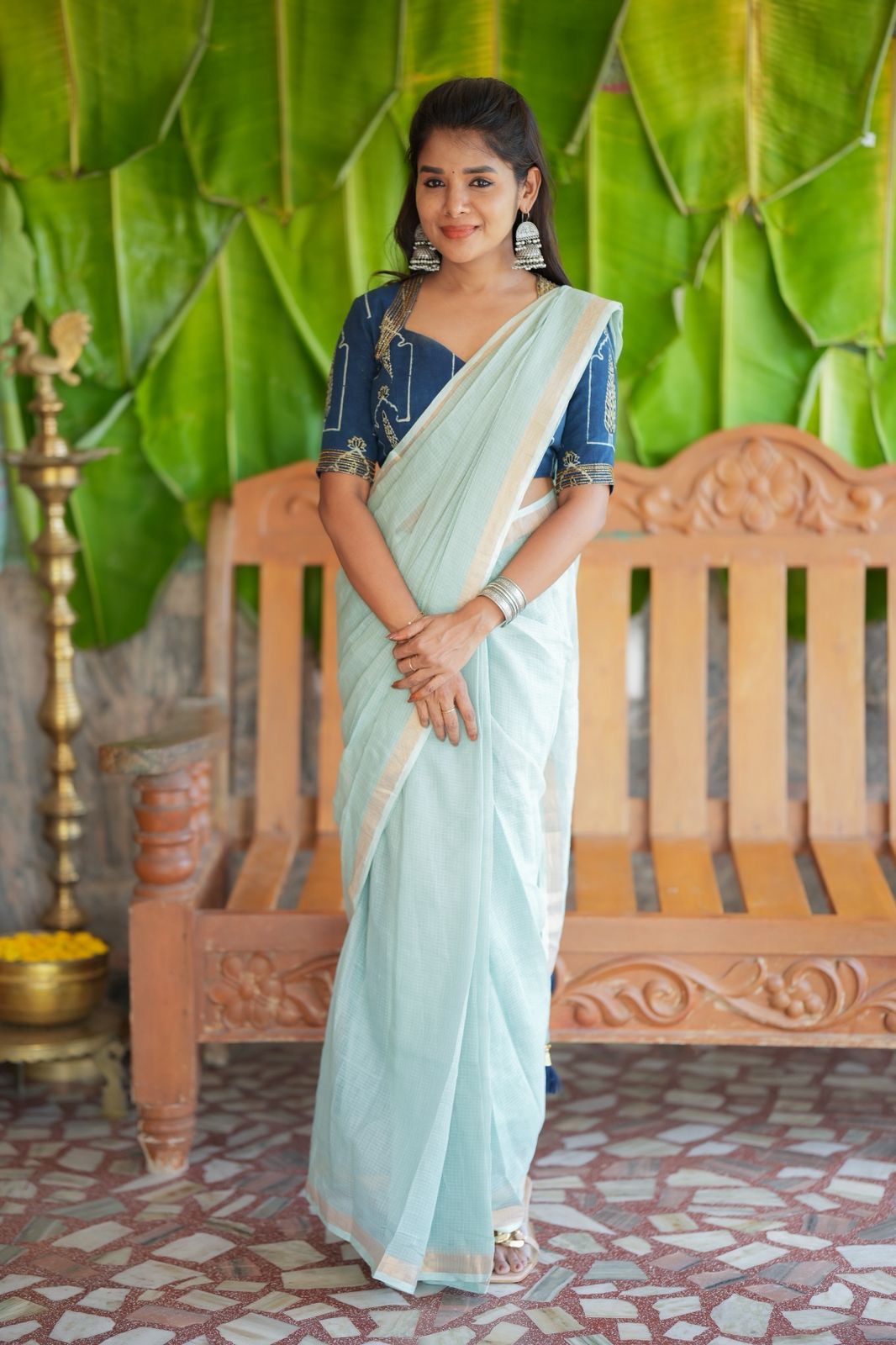 Aqua blue kota doria saree with hand work blouse