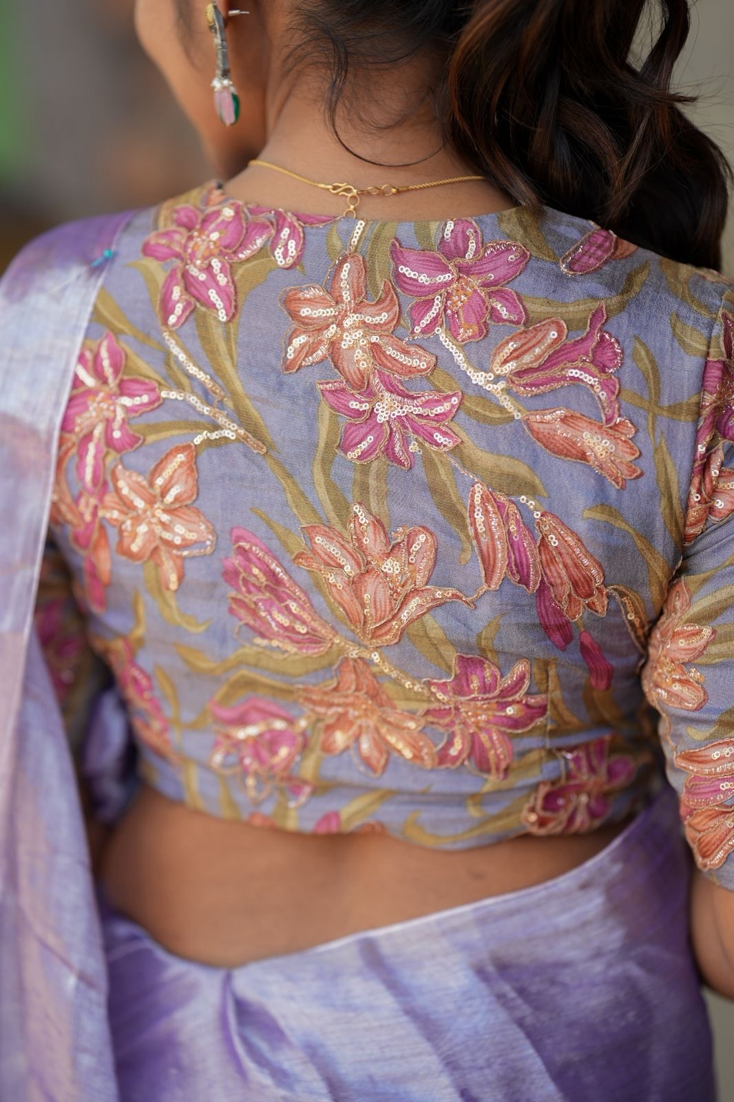 Lavender soft tissue saree with embroidered blouse