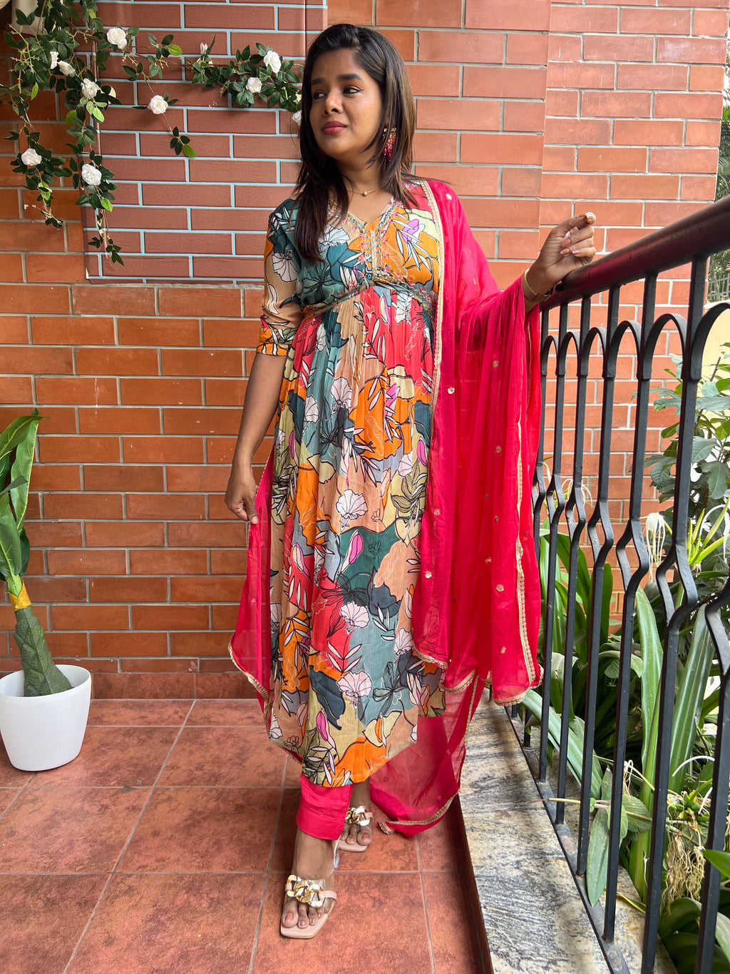 Chinnon floral printed 3 piece alia cut kurti suit