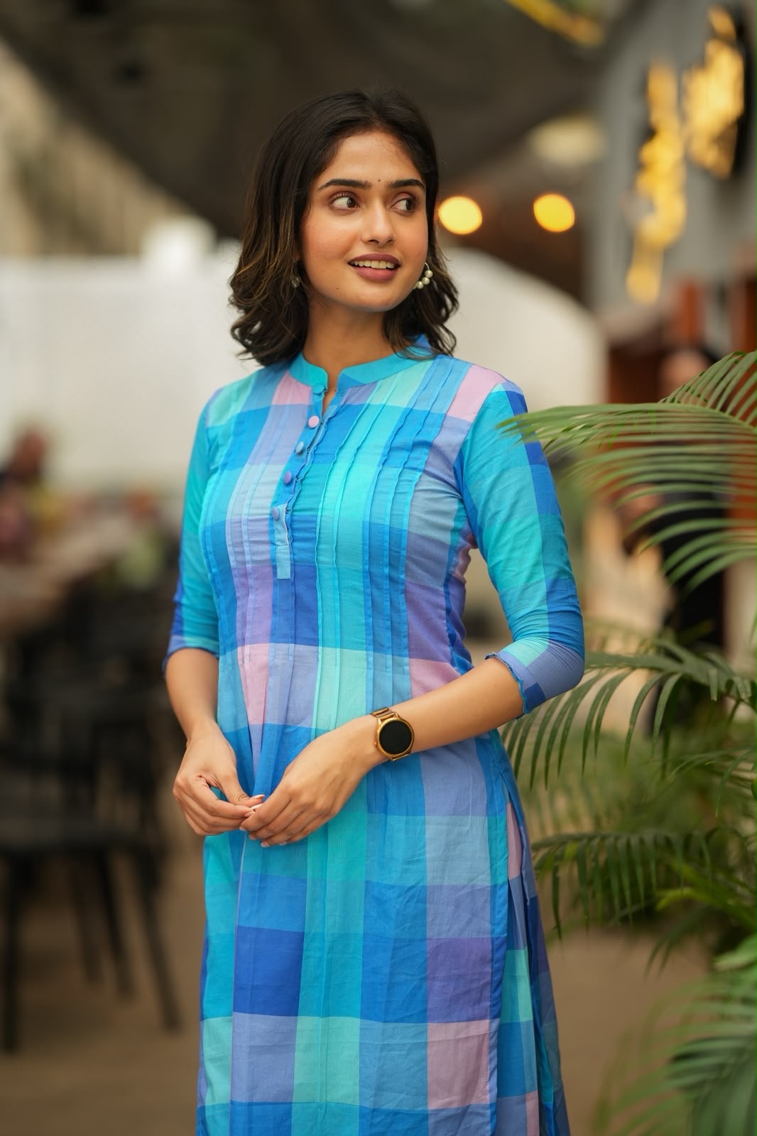 Blue checked cotton 2 piece kurti