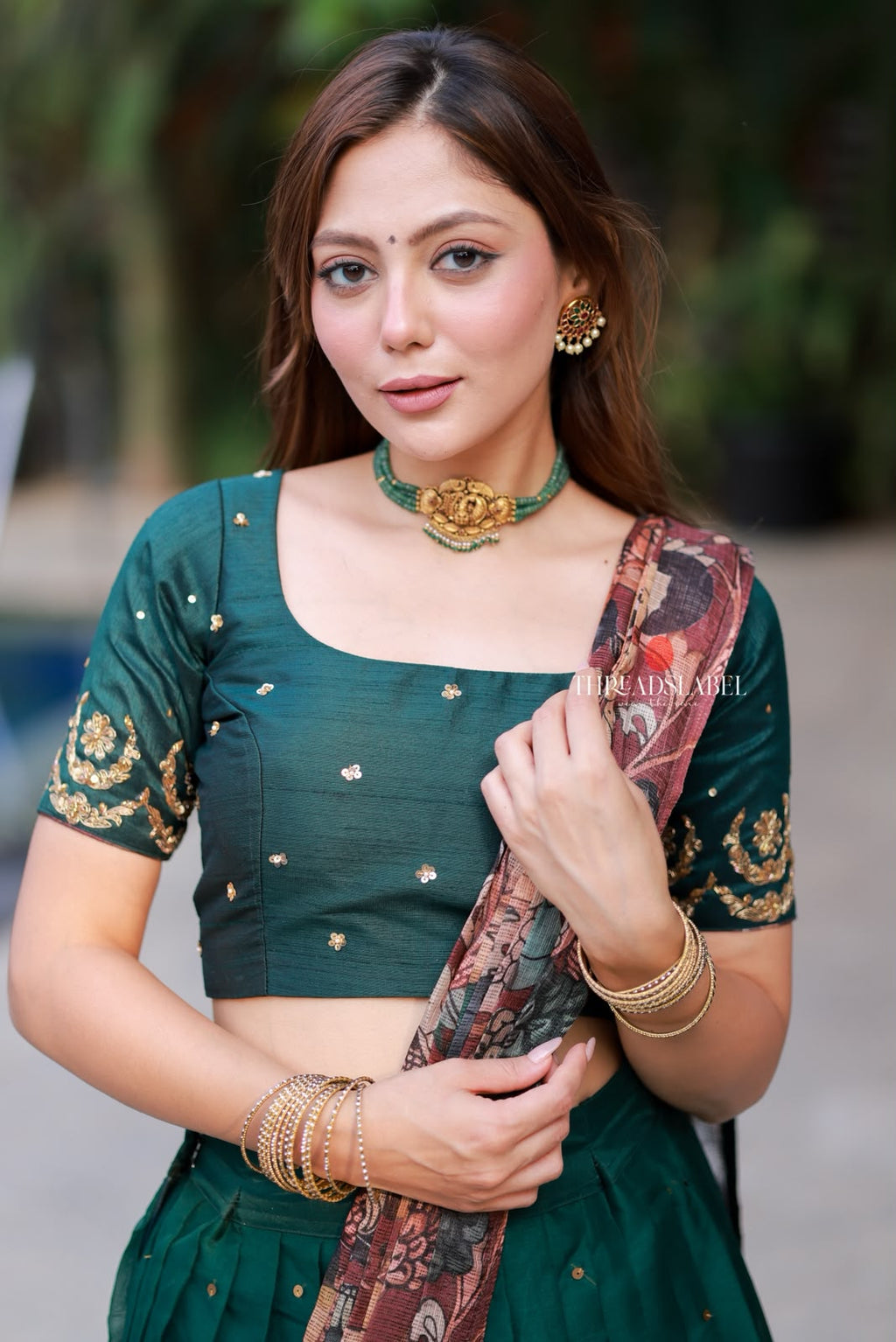 Green kalamkari handwork lehenga