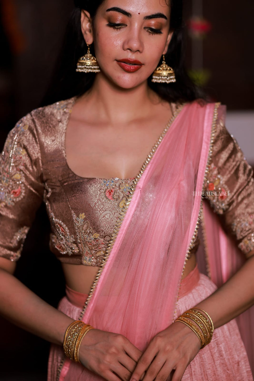 Pink marble silk lehenga with handwork blouse