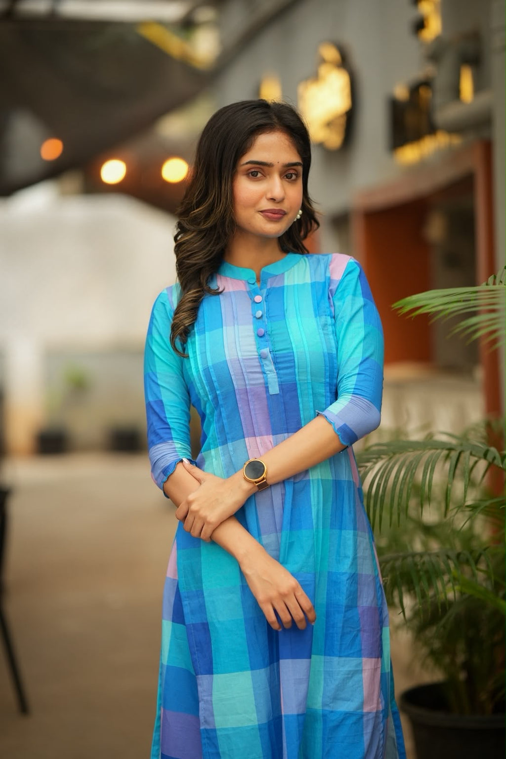 Blue checked cotton 2 piece kurti