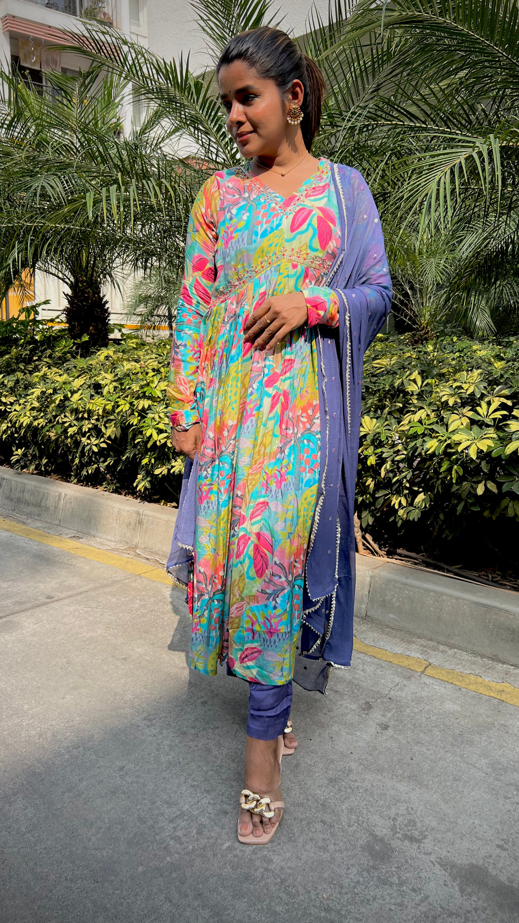 Blue muslin floral printed 3 piece alia cut kurti suit