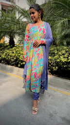 Blue muslin floral printed 3 piece alia cut kurti suit
