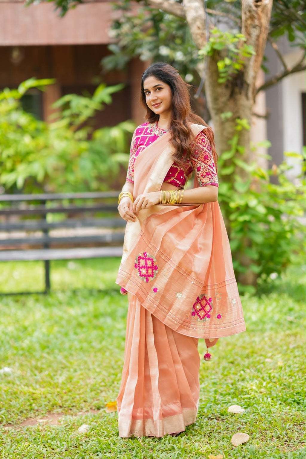 Peach banarasi saree with silk hand work blouse