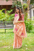 Peach banarasi saree with silk hand work blouse