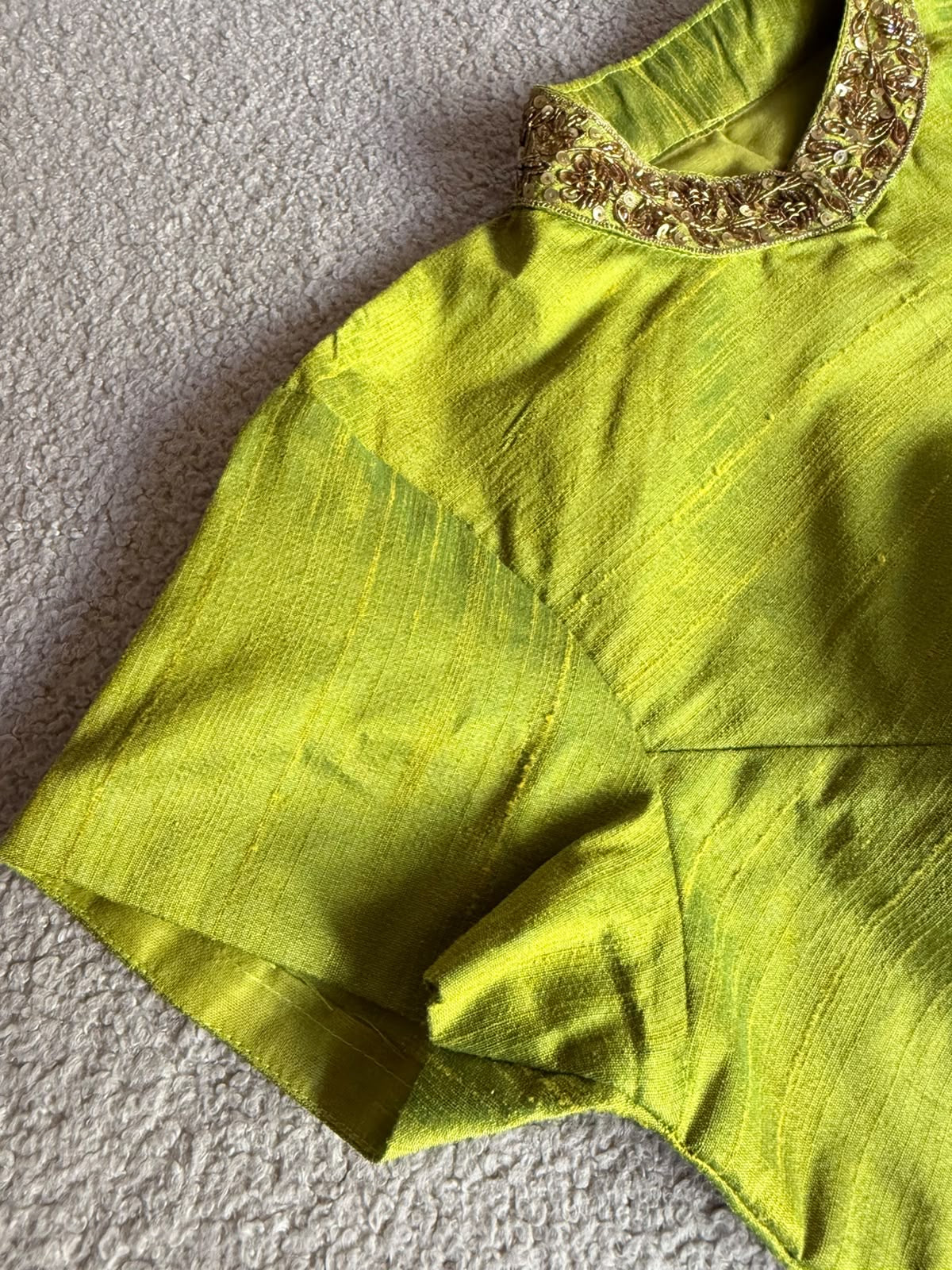 Lime green silk collar hand work blouse