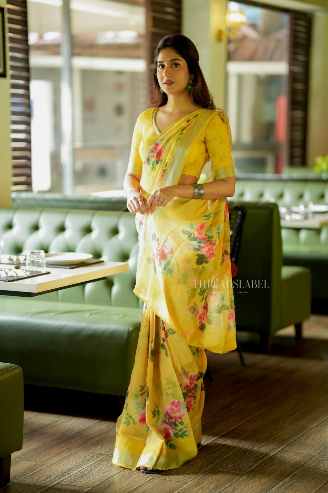 Yellow linen cotton saree with hand work blouse