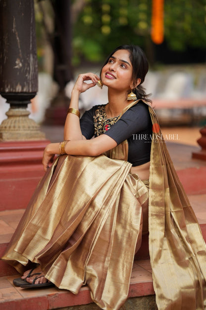 Golden tissue saree with black hand work blouse