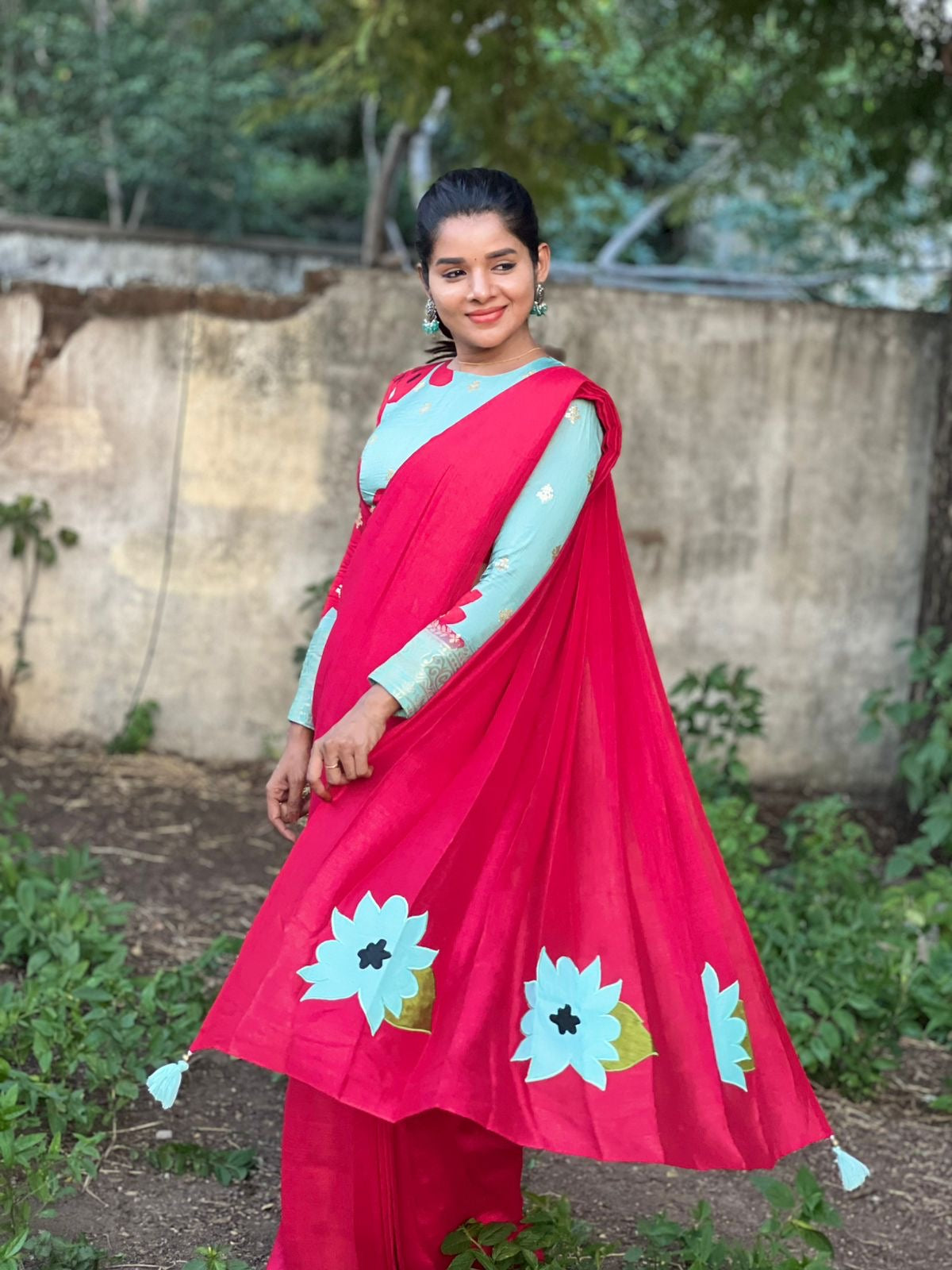 Pink marble silk saree with  embroidery blouse