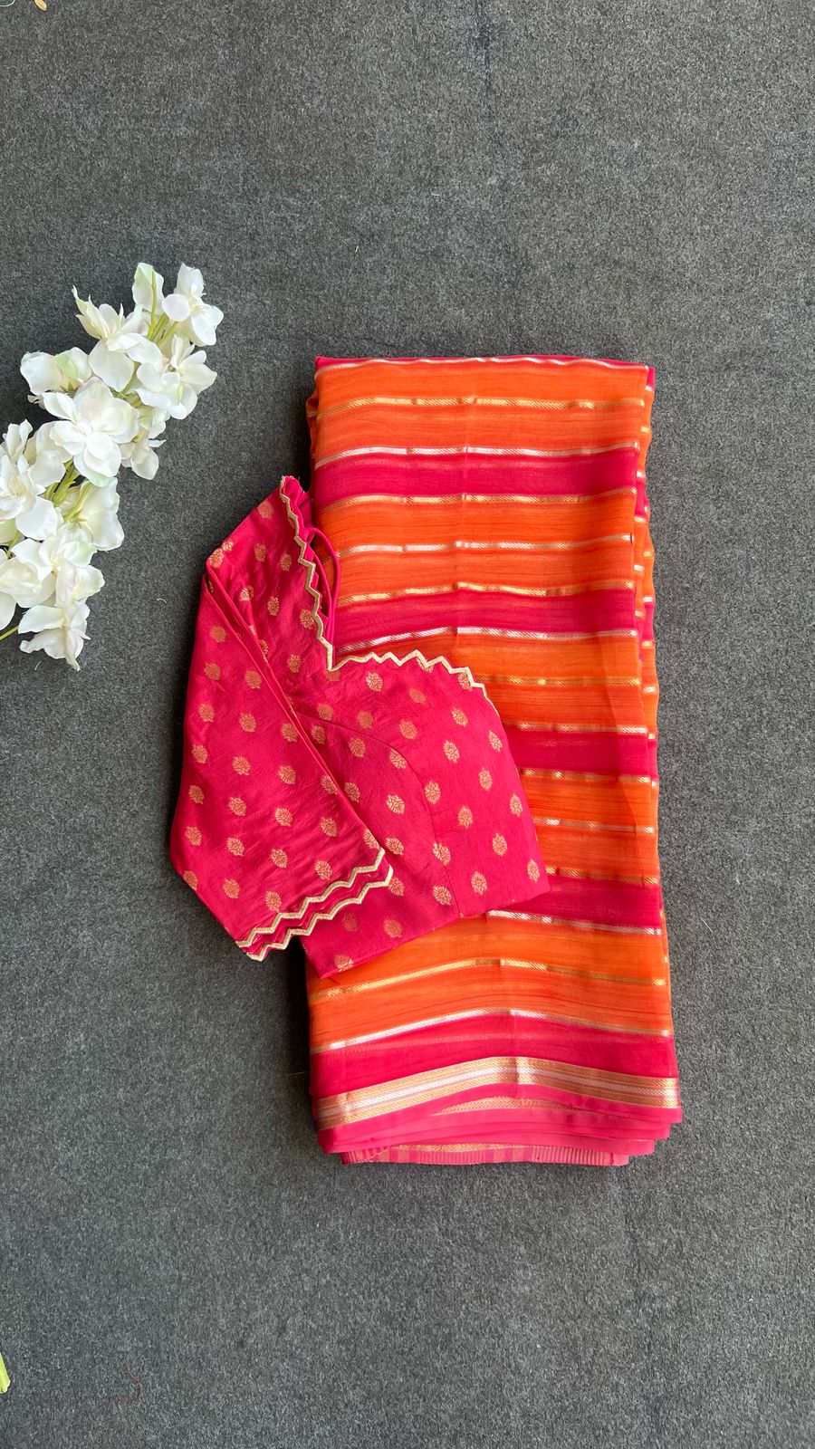 Pink & orange stripped soft organza saree with banarasi hand work blouse