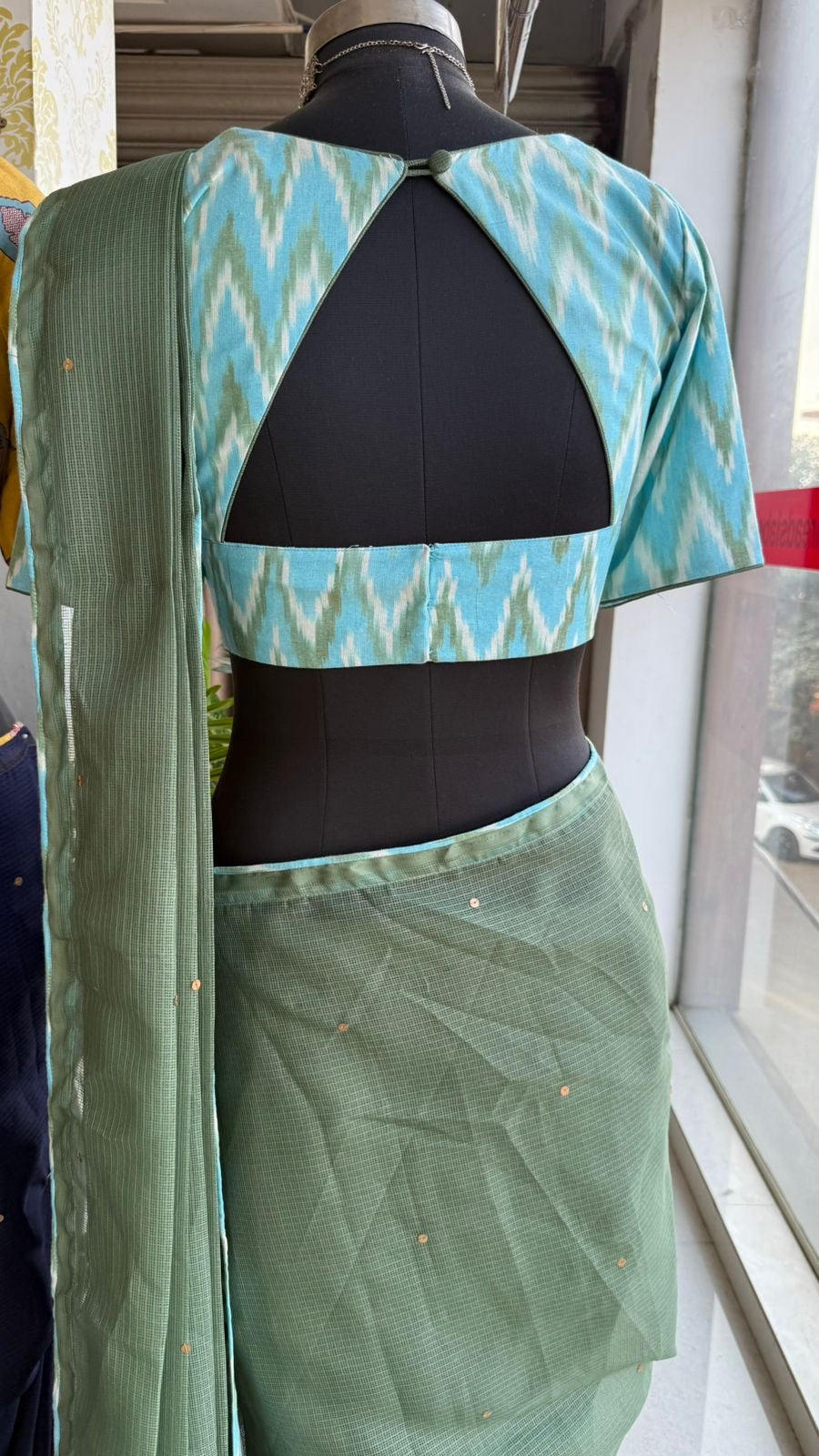 Green kota saree with blue cotton blouse