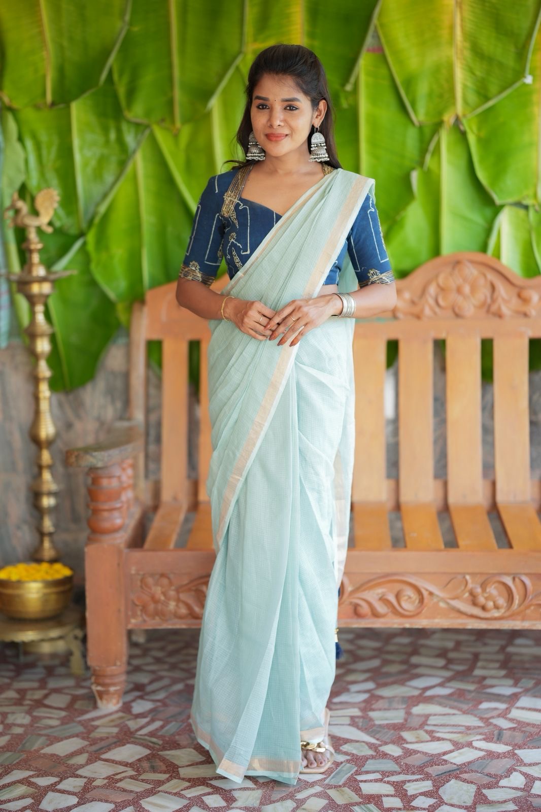 Aqua blue kota doria saree with hand work blouse
