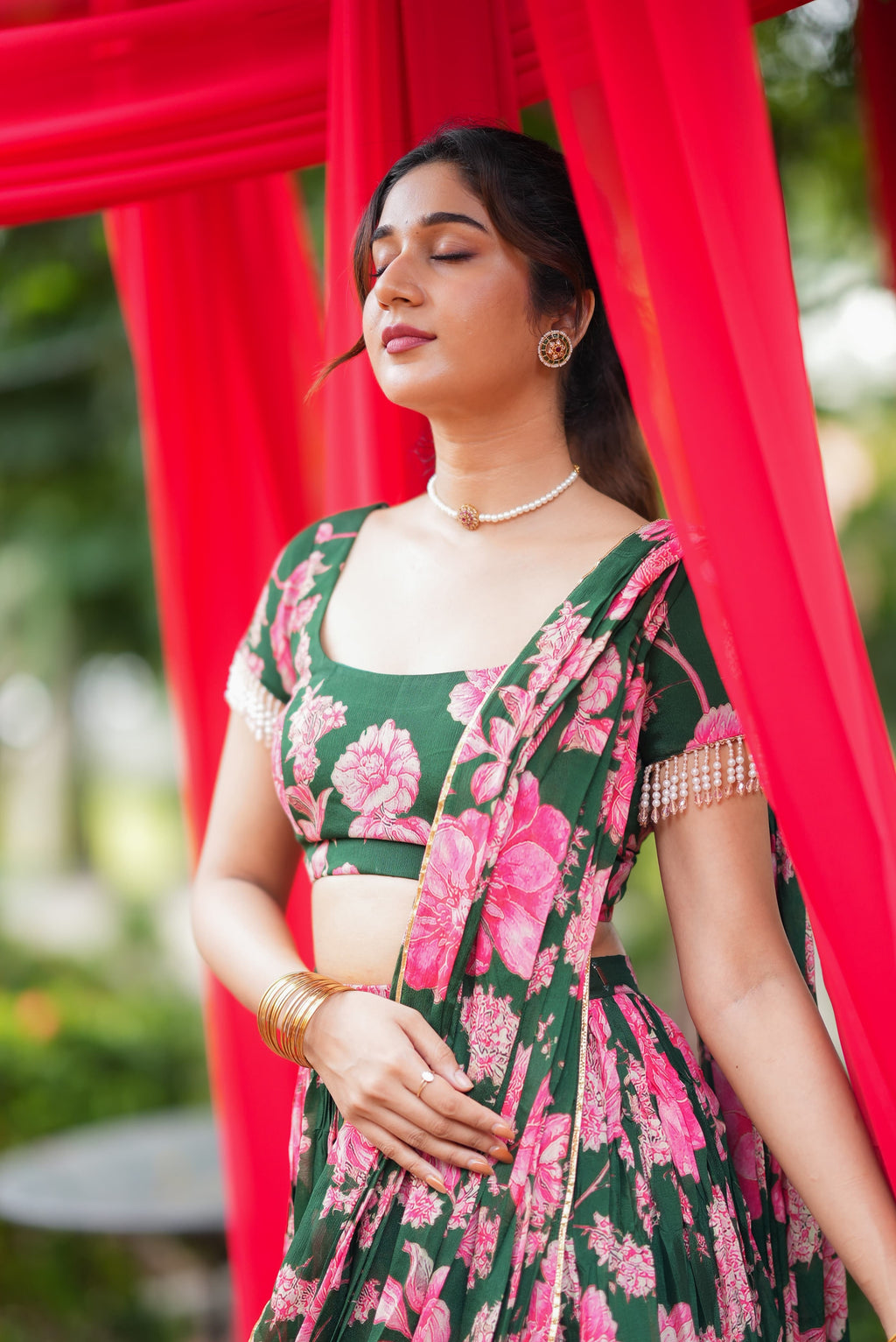 Green floral georgette handwork lehenga