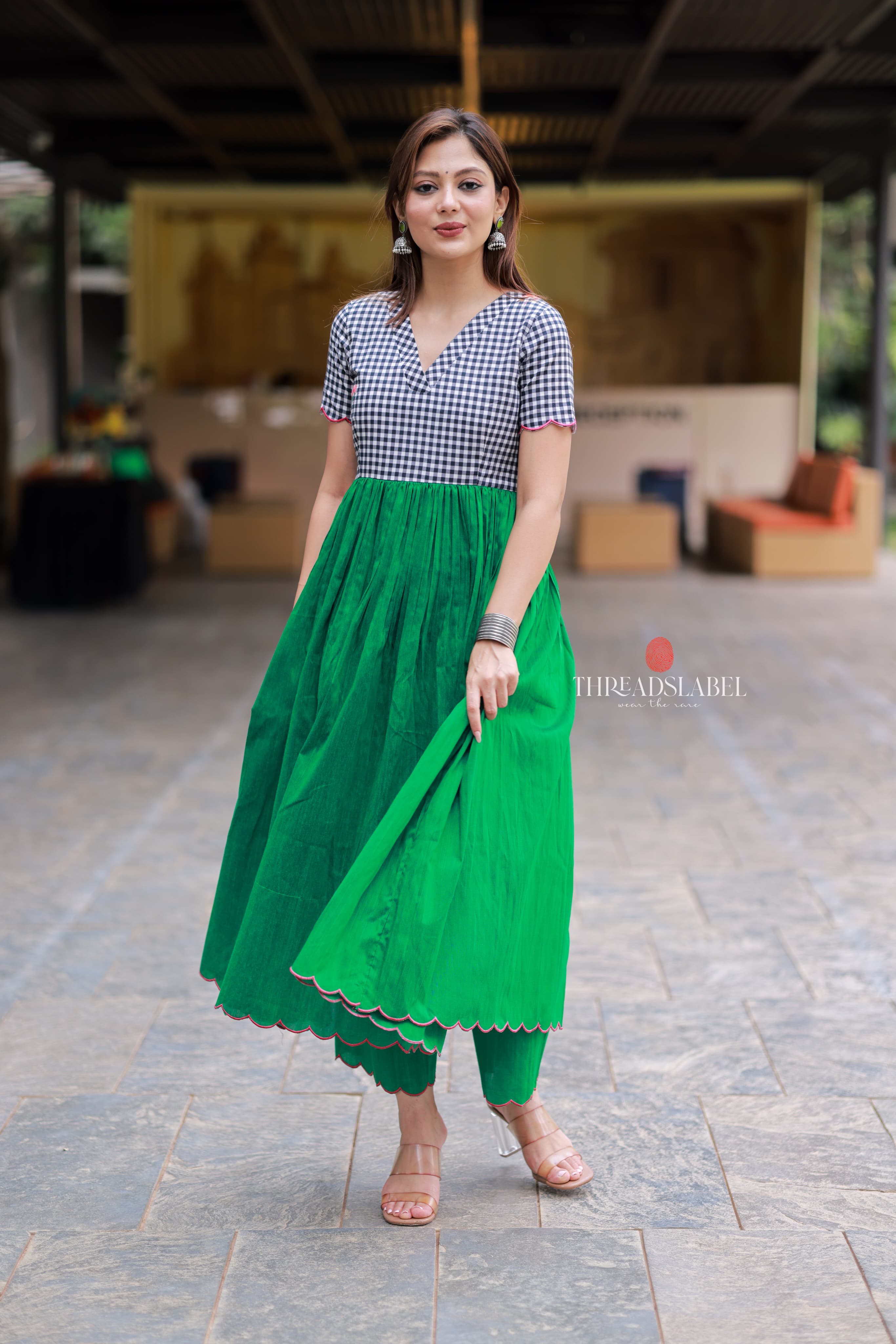 Grey green anarkali kurti set