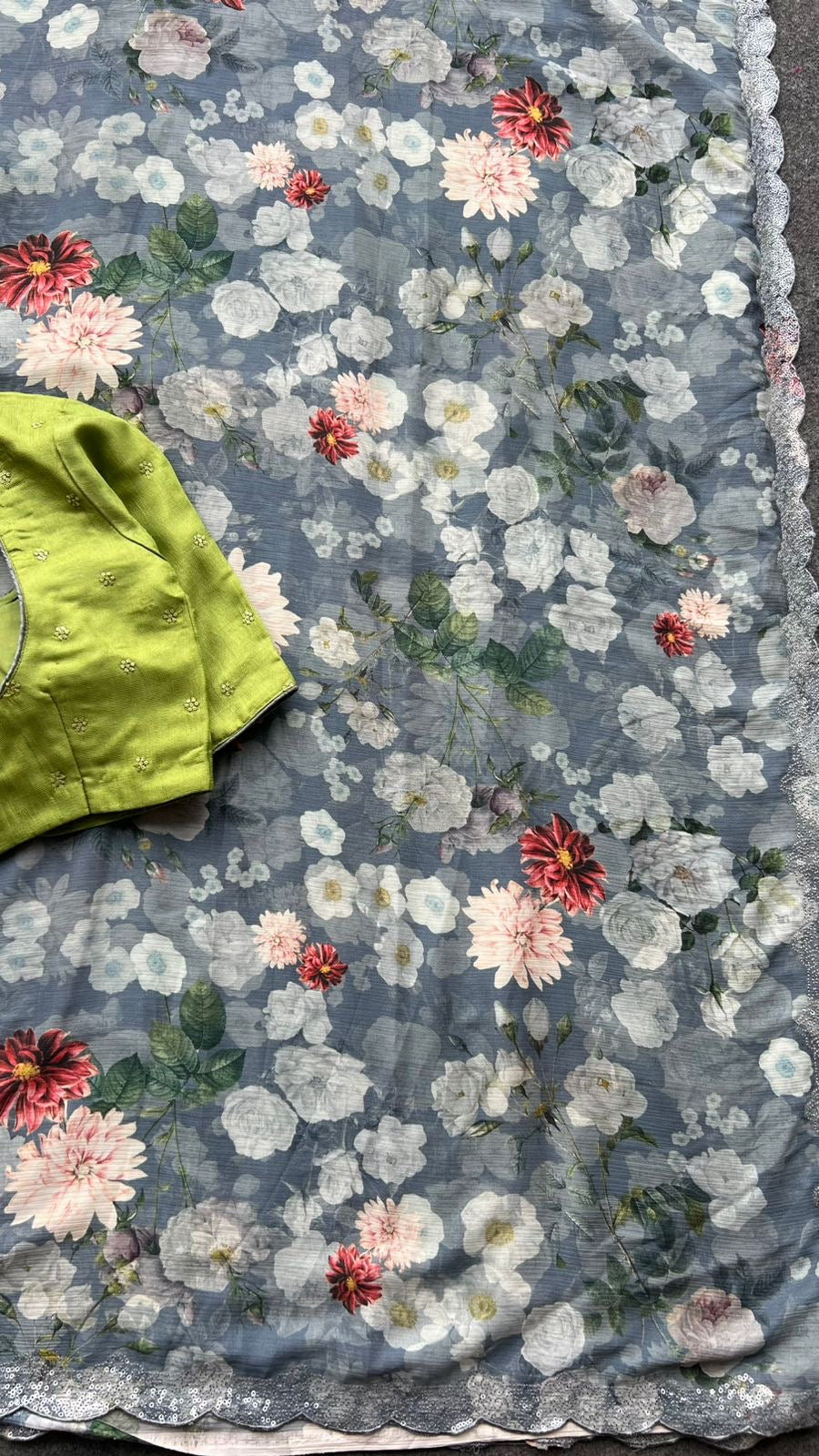 Grey floral chiffon saree with green blouse
