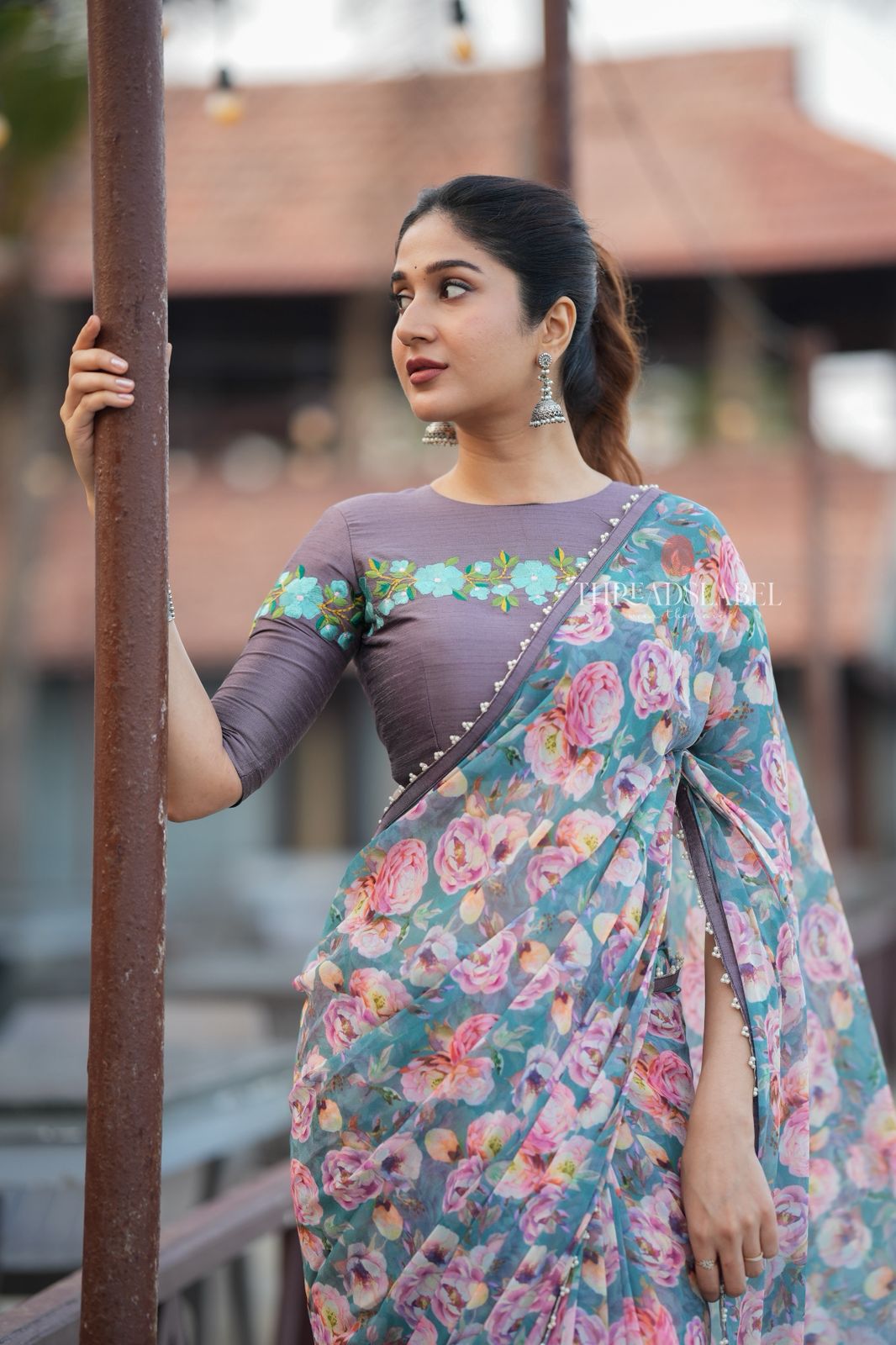 Grey silk floral embroidery blouse (Only blouse)