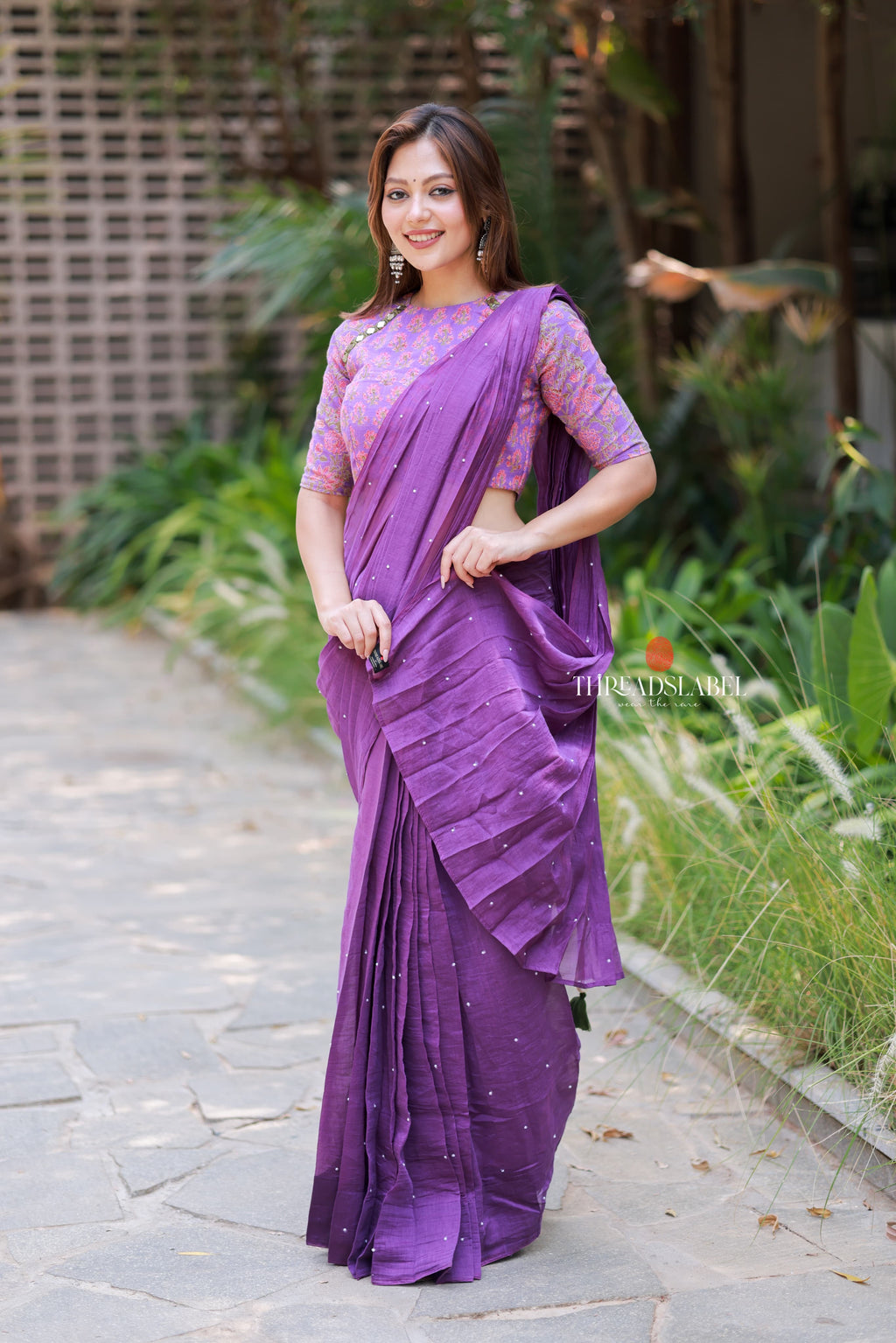 Purple mul chanderi saree with mirror work blouse
