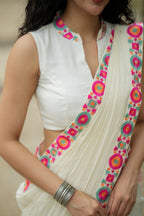 Cream cotton kota saree with embroidery work blouse