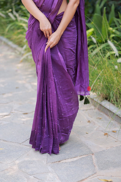 Purple mul chanderi saree with mirror work blouse