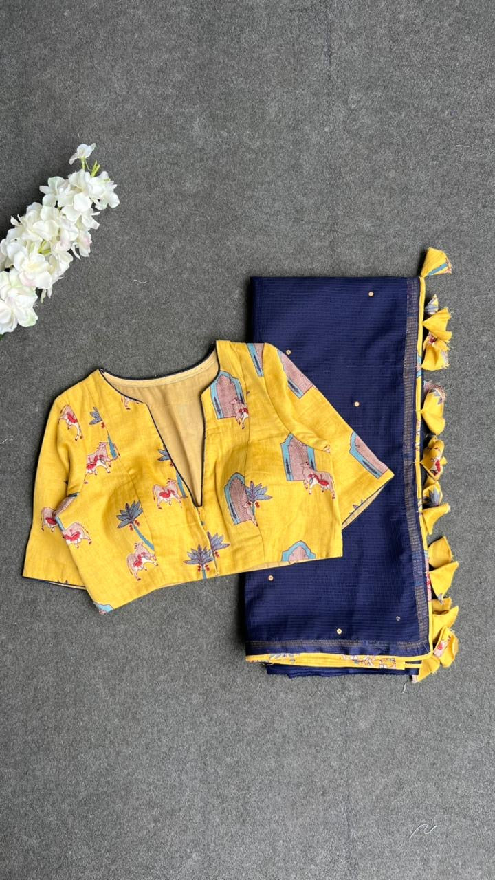 Navy blue kota saree with yellow cotton blouse