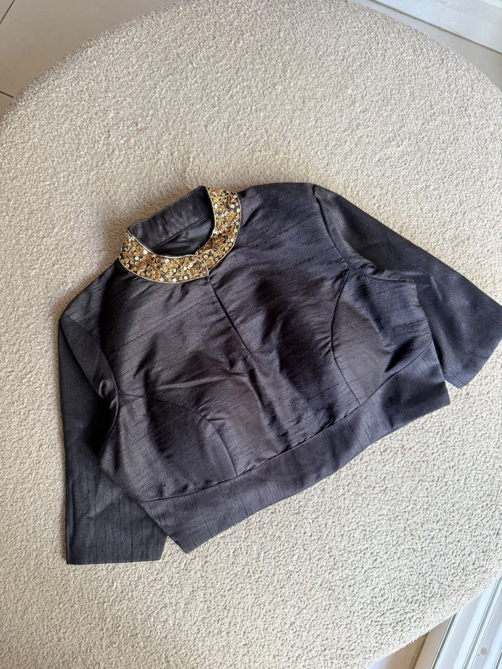 Black silk collar hand work blouse