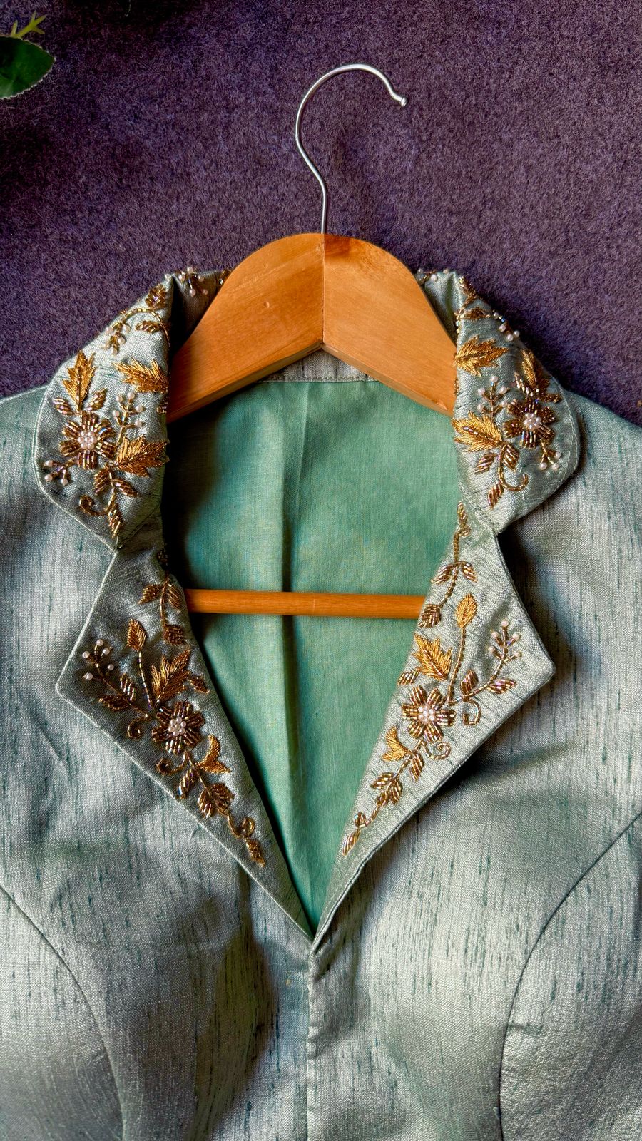 Pista green silk collar hand worked blouse