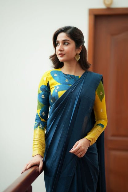 Deep blue marble silk saree with embroidery blouse