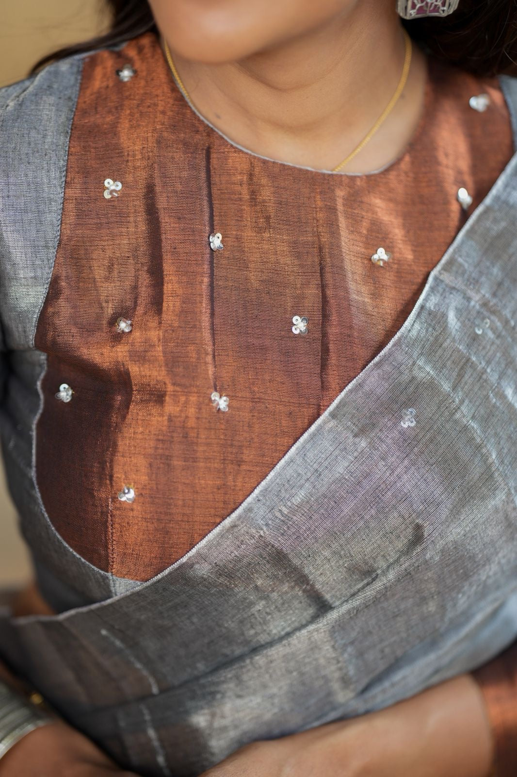 Silver grey brown soft tissue saree with handwork blouse