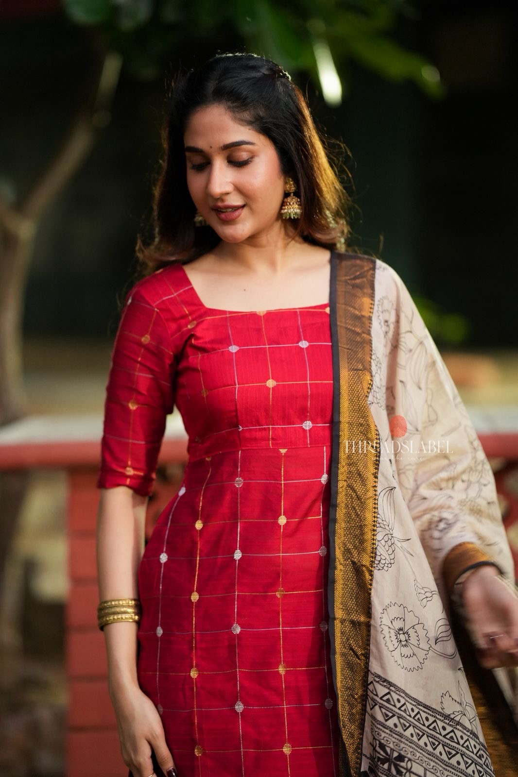 Red checked zari woven kurti