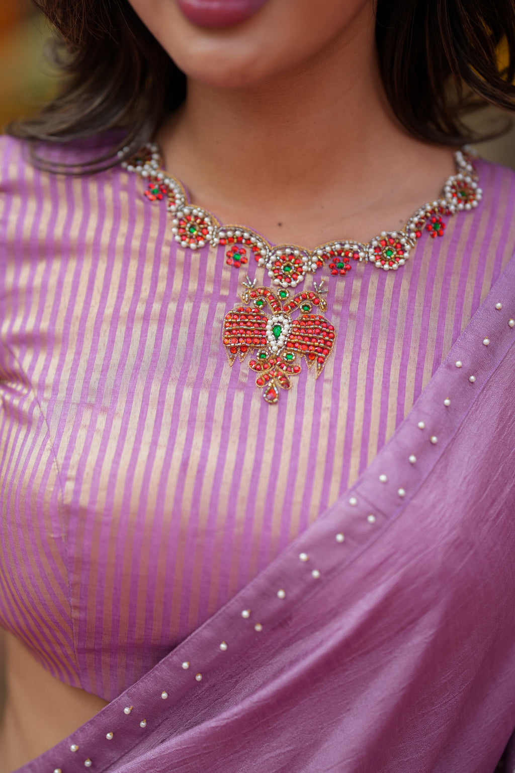 Lavender marble saree with Jewel neck handwork blouse