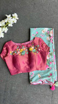 Blue floral georgette saree with pink embroidery blouse