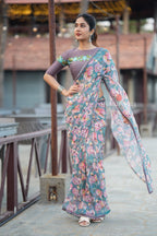Blue floral georgette saree with grey embroidery blouse