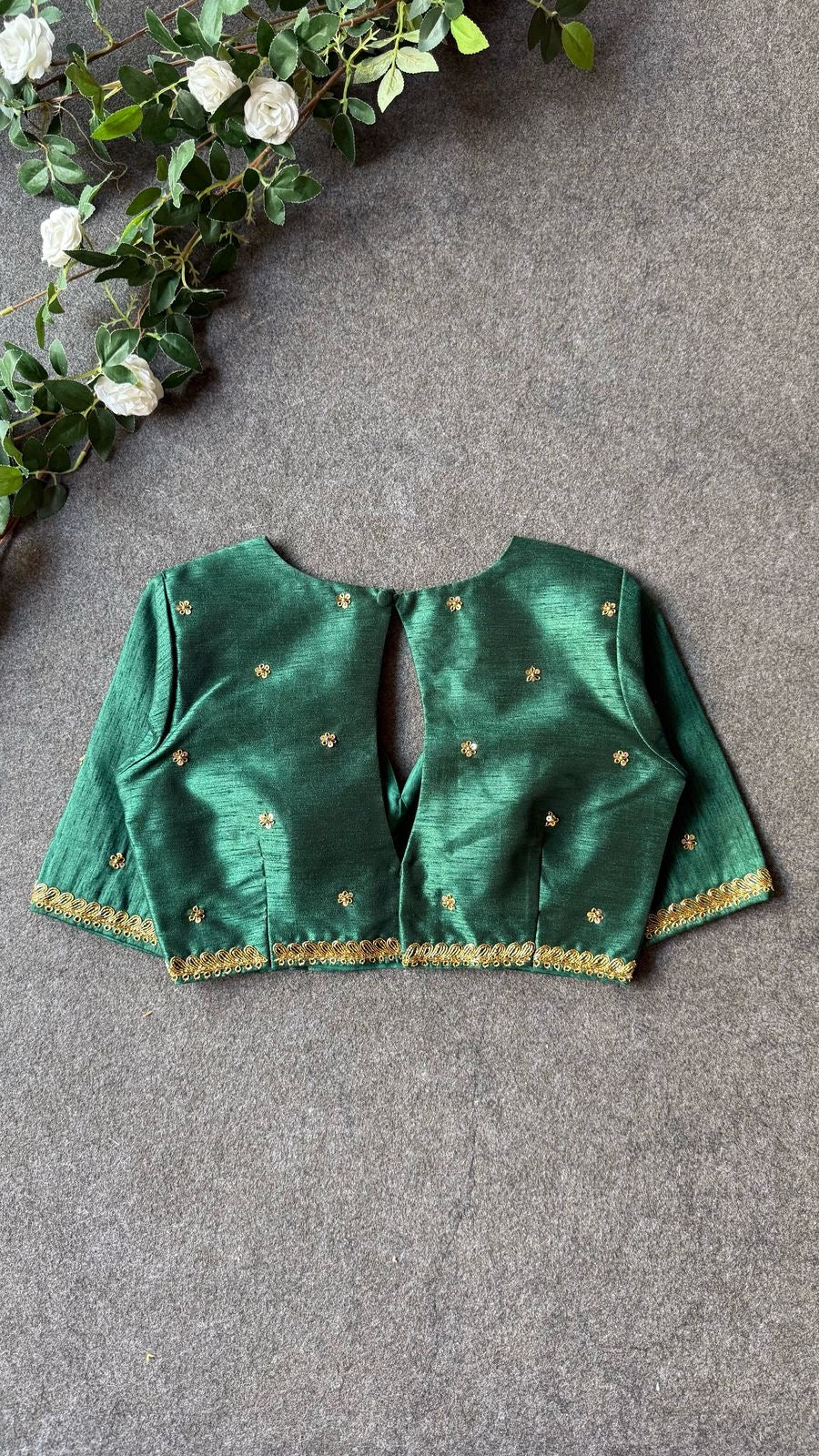 Bottle green silk shoulder hand worked blouse