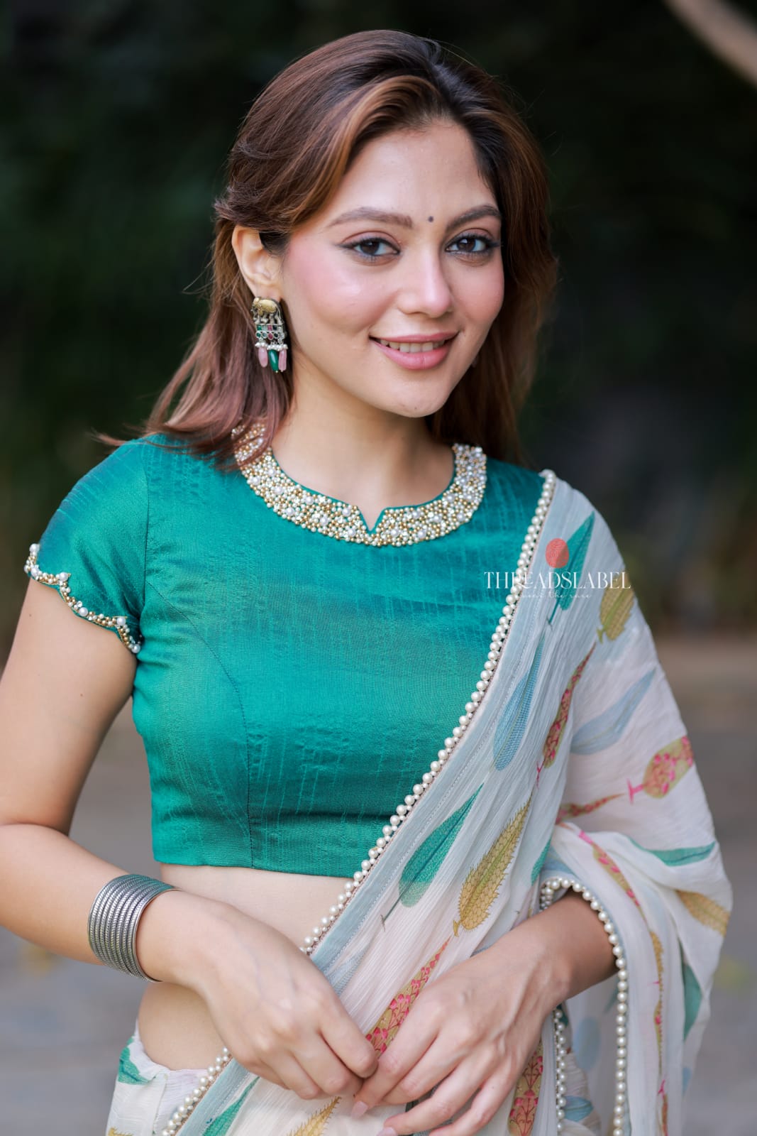 Rama green Jewel neck hand work blouse (only blouse)