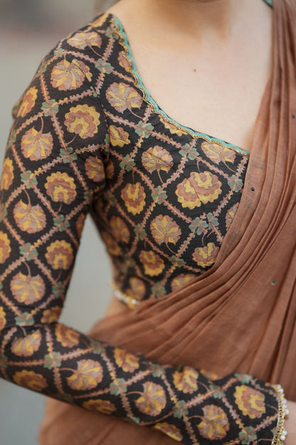 Brown malai chanderi saree with Ajrak print blouse