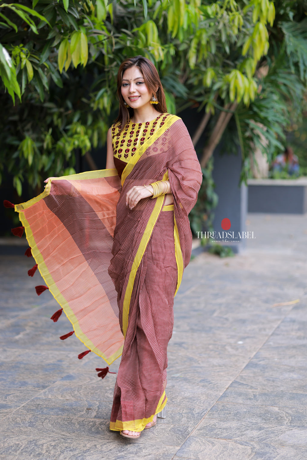 Brown jute saree with banarasi hand work blouse